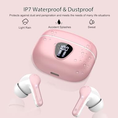 Wireless Earbuds, Bluetooth 5.4 Headphones HiFi Stereo, Bluetooth Earbuds with ENC Noise Cancelling Mic, IP7 Waterproof in Ear Earphones, 48H, LED Display Ear buds for Pad Phone Workout Sports, Pink - Image 7