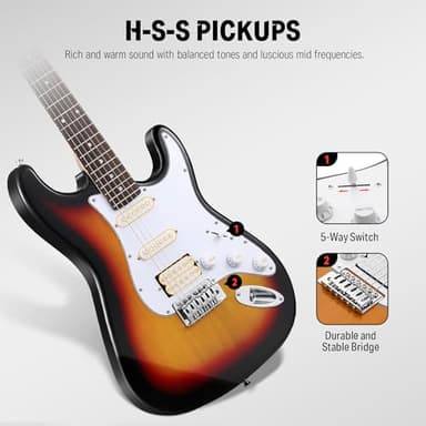 Donner DST-100S 39 Inch Full Size Electric Guitar Kit Solid Body Sunburst, Beginner Starter, with Amplifier, Bag, Capo, Strap, String, Tuner, Cable, Picks - Image 4