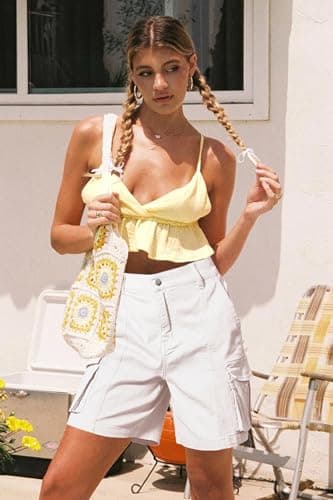 IVIR Cargo Shorts Women Bermuda Shorts Knee Length 7 Inch Inseam Long Y2K Pockets High Waist Summer White XL - Image 6