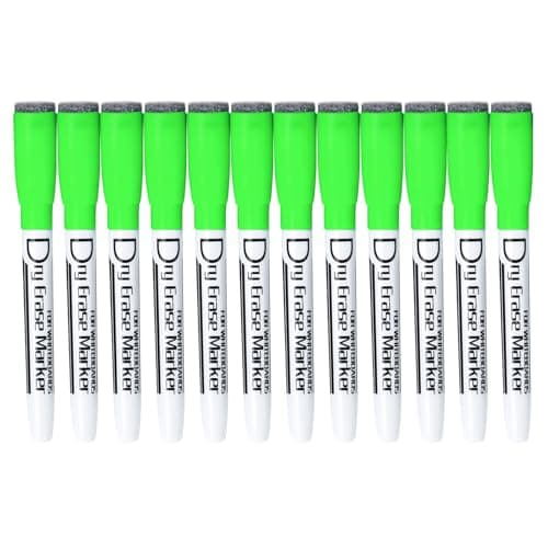 Volcanics Magnetic Dry Erase Markers With Eraser Cap Whiteboard Markers Low Odor Fine Tip Whiteboard Pens for Kids,Thin Box of 12, Green - Image 1