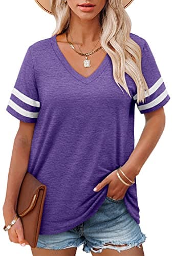 Angerella Womens T-Shirts Short Sleeve Tops Summer Casual V Neck Shirts Baseball Tees Purple L - Image 1