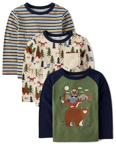 The Children's Place,Baby Boys,and Toddler Long Sleeve Everday Casual Knit Shirt,Wilderness 3-Pack,6 Months,9 Months - Image 1