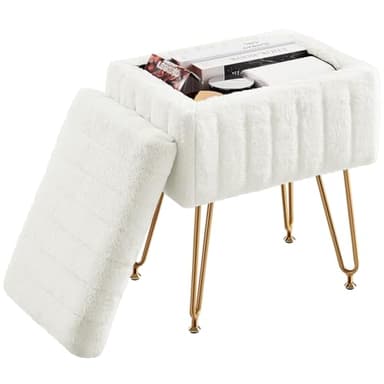 Sweetcrispy Vanity Stool Chair with Storage, 18.9”H x 16”L x 12.2”W Ottoman Chair Faux Fur Soft Padded Makeup Footstools Seat with 4 Metal Legs Anti-Slip Adjustable Feet for Make Up, White - Image 3