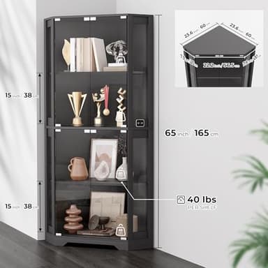 BROTTAR Corner Display Cabinet with Glass Doors, 65" Lighted Curio Cabinet with 3 Color LED Lights for Collectibles, 4-Tier Showcase Display Case with Human Body Sensor for Toys, Books, Black - Image 2