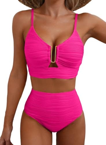 Herseas Women's Textured Bikini Set Metal V Neck High Cut Swimwear Ribbed Sexy 2025 Vacation Slimming Swim Suits Resort Wear Rose Red Medium - Image 1