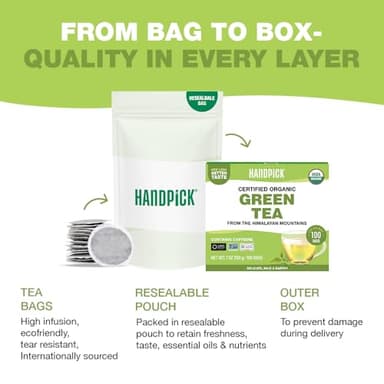 HANDPICK, Organic Green Tea Bags - 100 Eco-Friendly Tea Bags | USDA Organic | Resealable Pack for Freshness | Delicate & Flavory | Direct From India - Image 8