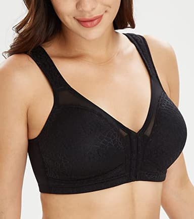 Lemorosy Women's Plus Size Full Coverage Front Closure Posture Back Unpadded Wireless Double Support Minimizer Bra (Black, 44D) - Image 4