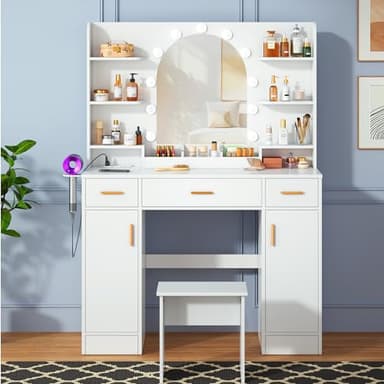 Decofy Vanity Desk with Mirror and 11 LED Lights, White Makeup Vanity Desk with Chair, Vanity Table Set, 5 Drawers 3 Lighting Modes & 5 Adjustable Brightness Dressing Table for Bedroom - Image 3
