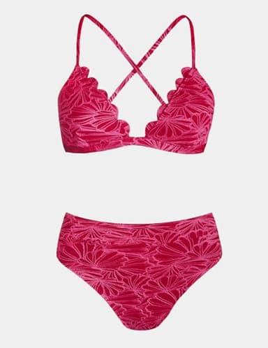 CUPSHE Bikini Sets for Women Bathing Suit High Waisted Scalloped V Neck Two Pieces Swimsuit,M Fuchsia Red - Image 4