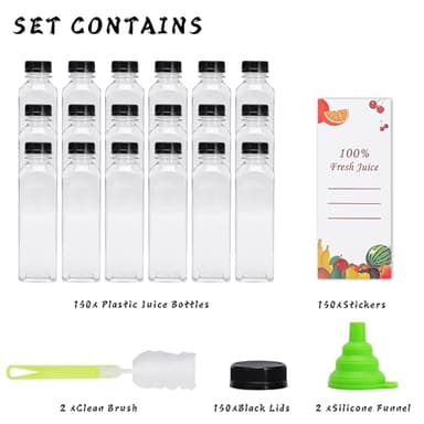OBKJJ Plastic Juice Bottles 150 pcs 16 oz Empty Plastic Water Bottles with Caps Reusable Clear Beverage Containers for Drinking, Juicing, Smoothie, Water with 2 Brushes, 2 Funnels (16-OZ) - Image 2