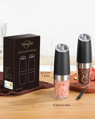 Sangcon Gravity Electric Salt and Pepper Grinder Set Automatic Shakers Mill Grinder with LED Light, BATTERY POWERED Adjustable Coarseness One Hand Operation, Upgraded Larger Capacity - Image 6