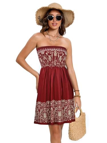 Strapless Sun Dresses for Women Short Swing Summer Dress Bandeau Beach Cover Up(Boho Red Yellow Print,XL) - Image 5