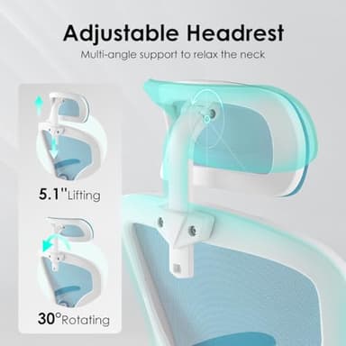 Farini Ergonomic Office Chair, Home Office Desk Chair with Headrest, High Back Computer Chair with Armrests and Adjustable Lumbar Support for Home Office Study Room, White & Blue - Image 4