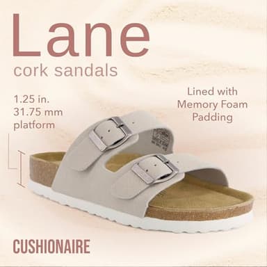 CUSHIONAIRE Lane Cork Footbed Sandals for Women – Comfortable Double Buckle Slip-On with Genuine Suede Footbed & Arch Support Slides for Women Footwear, STONE 10 - Image 2