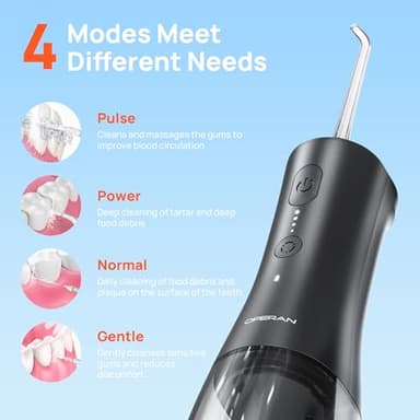 Operan Cordless Water Flossers for Teeth, 300ML Rechargeable Oral Irrigator with 4 Modes & 4 Nozzles, Portable Water Flossers for Adults, IPX7 Waterproof for Home and Travel, Black,01Pack - Image 3