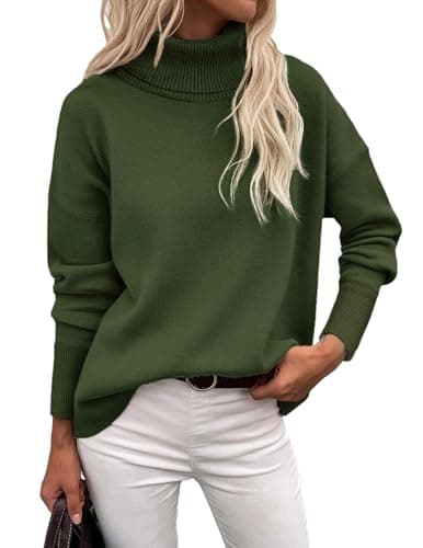 Zeagoo Women's Turtleneck Sweater 2025 Fall Winter Chunky Knitted Pullover High Low Hem Trendy Basic Jumper Top Army Green - Image 1