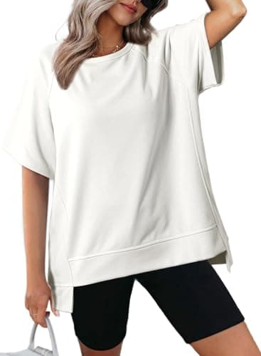 Dokotoo Oversized T Shirts for Women Fashion 2025 Casual Crewneck Short Sleeve Tee Spring Summer Tops Loose Fit High Low Lightweight Solid Color T-Shirts Blouse Workout Tops for Women White X-Large - Image 1