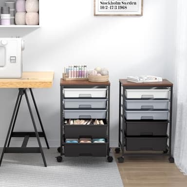 SYKIARIOL Utility Cart with 5 Drawers,Storage Drawer Cart with Wooden Tabletop and Lockable Wheels,Craft Storage Trolley Cart,5-Tier Rolling Utility Cart on Wheels,Dark Grey - Image 9