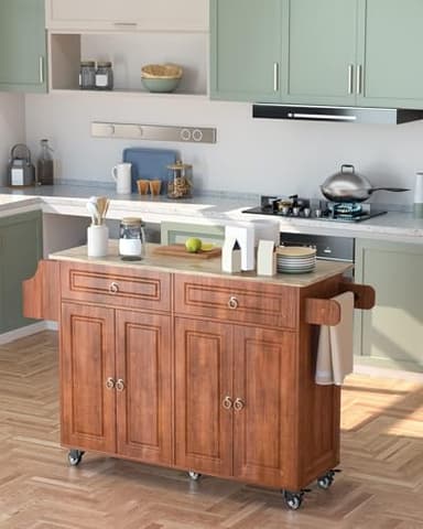 Qsun Kitchen Island with Drop Leaf and Storage, on Wheels Two Drawers, Large Storage Cabinet, Towel Rack Spice Cart Brown - Image 9