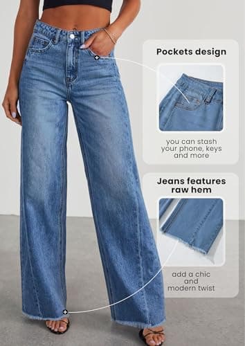 PRETTYGARDEN Wide Leg Jeans for Women Trendy 2025 High Waisted Stretchy Baggy Raw Hem Denim Palazzo Pants with Pockets (Dark Blue,14) - Image 2