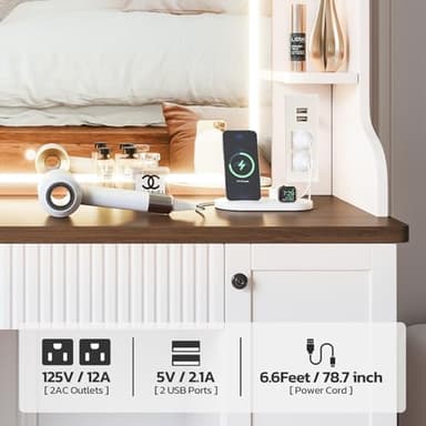Makeup Vanity Desk with Mirror and Lights, Makeup Vanity Table with Power Outlet, Dressing Table with Storage, Adjustable Shelves, Touch Control – Elegant Retro Design, White Vanity Desk with Lights - Image 5