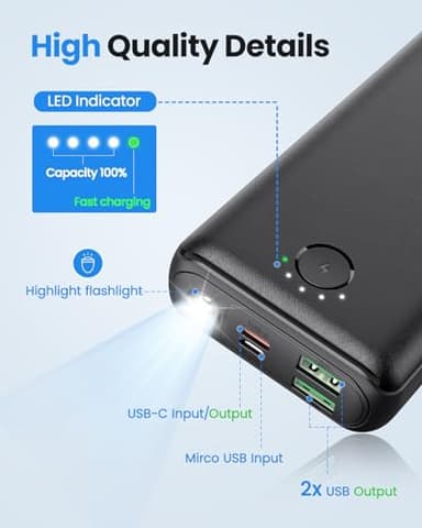 Portable Charger Power Bank 30000mAh - USB C 22.5W Fast Charging External Battery Pack Charging Bank PD QC4.0 with Flashlight 3 Outputs & 2 Inputs Phone Charger for iPhone Samsung Galaxy iPad etc - Image 4