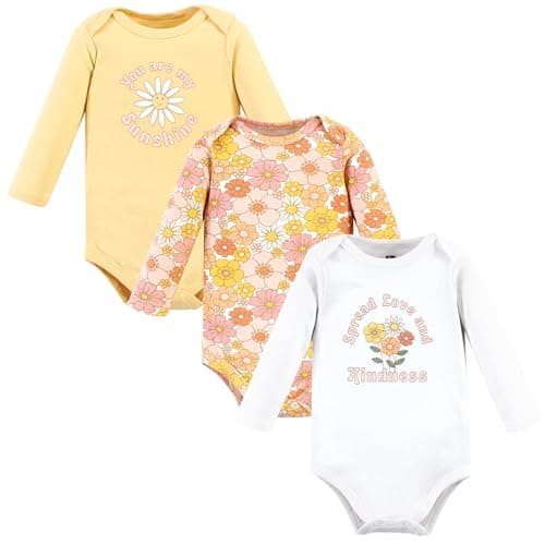 Hudson Baby Unisex Baby Cotton Long-Sleeve Bodysuits, Peace Love Flowers, Newborn - Image 1