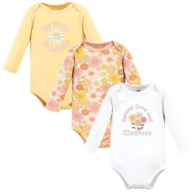 Hudson Baby Unisex Baby Cotton Long-Sleeve Bodysuits, Peace Love Flowers, Newborn - Image 1
