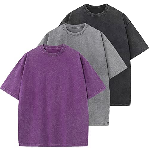 3 Pcs Oversized Heavy Cotton Summer T-Shirts Vintage Unisex Short Sleeves Casual Loose Basic Tops(A-Purple+Grey+Black 3XL) - Image 1