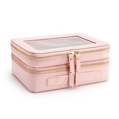 Aveniee XL Clear Makeup Organizer,Double Layer Travel Cosmetic Case with Brush Holder & Zippered Compartments,Big Toiletry Bag for Travel Accessories,2 Layers Large,Pink - Image 6