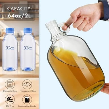 2 Pack 64oz Glass Gallon Growlers with Handle and Black Plastic Lids, Half-Gallon, Gallon Glass Fermenting Jug, 1/2 Gallon Water Jug for Kombucha, Home Brew, Vanilla Extract, Beer, Soda,Cider (Clear) - Image 7