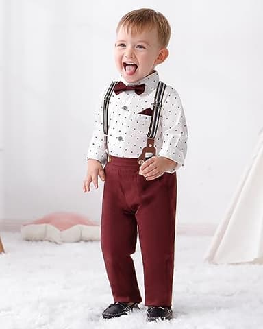 DISAUR Toddler Boy Wedding Outfits Short Sleeve White Flower Dress Shirt Bow Tie Suspender Christmas Red Plaid Pants Baptism Outfits For Boys 12 Months 1t 18 Months - Image 2