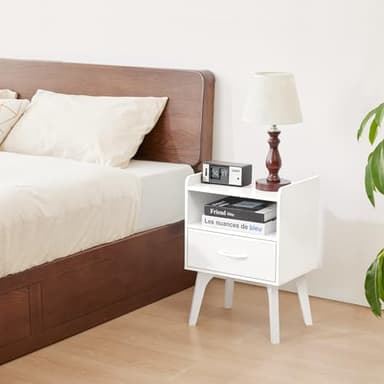 YUFAM Wooden Night Stand,Mid Century Modern Nightstand,Side Tables with Fabric Drawers and Open Storage Shelf,Bedside Table with Wood Legs,End Table for Bedroom,Sitting Room and Small Spaces (White) - Image 2