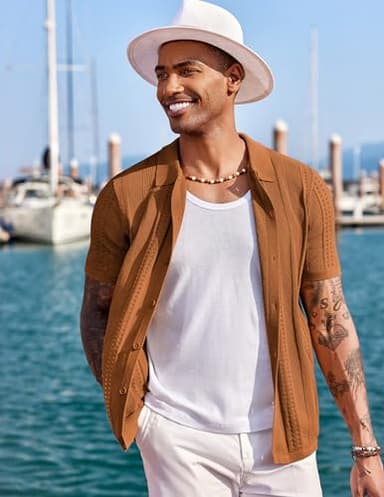 COOFANDY Men's Casual Beach Shirt Knitted Button Down Polo Shirt Short Sleeve Beach Vacation Shirts, Light Brown, XX-Large - Image 4