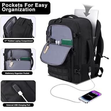 MOZETO TSA Approved Carry On Backpack, Extra Large Tactical Travel Backpack for Men, Airplane Approved Weekender Bag, Water Resistant Lightweight Laptop Daypack for Flight, Black - Image 3