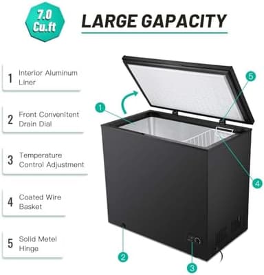 Antarctic Star 7.0 Cu.ft Chest Freezer 6.8℉to -4℉with Removable Basket Free Standing Top open Door Compact Freezer with Adjustable 7 Temperature Defrost Water Drain/Power Saving UL Certified Black - Image 7