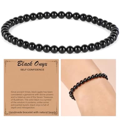 QOGIR Black Onyx Bracelet - Protecting Bracelet for Women Men - Handmade Natural Gem Stone Beaded Stretch Elastic Healing Bracelets 4mm - Image 2