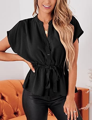 Womens Button Down Blouses Casual Peplum Summer Tops Dressy Chiffon Work Blouse Black - Image 3