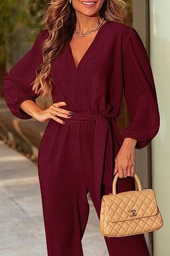 PRETTYGARDEN Women's Spring Fall Jumpsuits Casual Dressy One Piece Outfits V Neck Long Sleeve Belt Pockets Long Pants Romper (Wine Red,Small) - Image 2