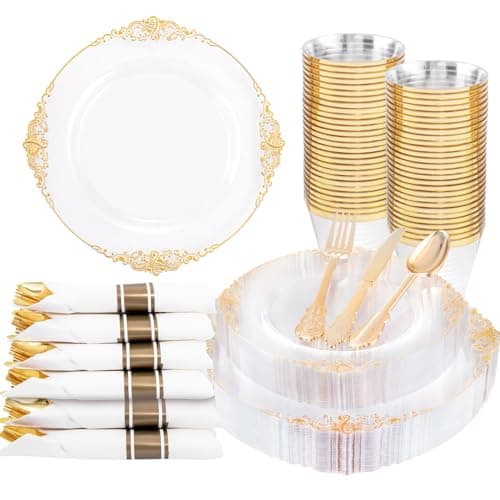 Nervure 175PCS Clear Gold Plastic Plates - Disposable Gold Party Plates & Pre Rolled Napkins with Cutlery for 25 Guests, 50Plates, 75Silverware, 25Cups, 25Napkin for Wedding & Party & Thanksgiving - Image 1