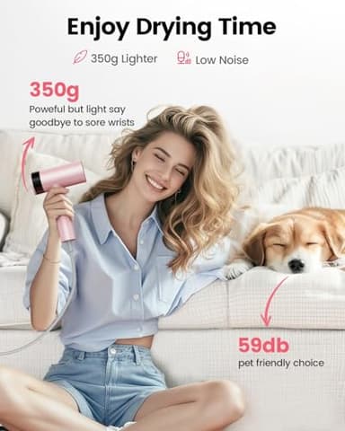 Dekuri Hair Dryer, 110,000 RPM High-Speed Fast Drying Blow Dryer, 200 Million Ionic Lightweight Hairdryer with Diffuser, Magnetic Nozzle, 4 Temps & 3 Speeds, Low Noise for Women & Men (Pink) - Image 5