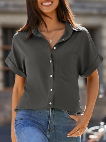 Beautife Womens Short Sleeve Shirts V Neck Collared Button Down Shirt Tops with Pockets (Large, Dark Grey) - Image 3