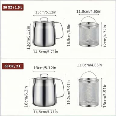 68oz 304 Stainless Steel Deep Fryer Pot with Basket & Strainer, Large Capacity Bacon Grease Container for Kitchen,Frying, Cooking, Camping,Oil Filter Container - Dishwasher Safe (68oz/2L/2.1Qt) - Image 4