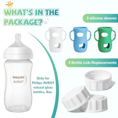 3 Pack Silicone Sleeves for Philips Avent Natural Glass Baby Bottle, Food Grade Silicone Cover and 3pcs Travel Caps, Lids Replacement (White+Blue+Green, 8oz) - Image 3