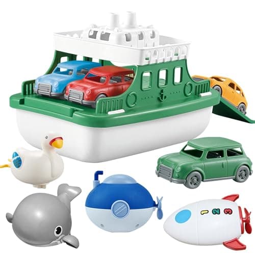 OKGIUGN Ferry Boat with 4 Car and 4 Wind Up Bath Swimming Toys, Kids Bath Toy Floating Vehicle Whales Submarines Swans Rockets, Bathtub Bathroom Pool Beach Toy Set for Toddlers Boys Girls - Image 1