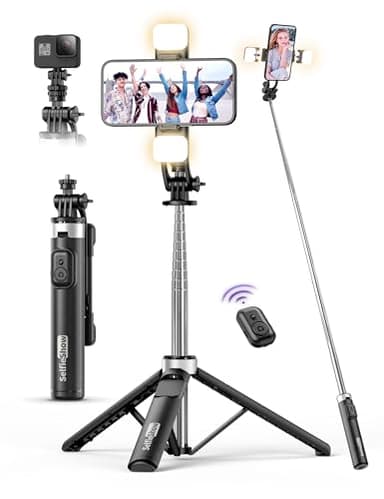 53'' Selfie Stick Tripod with Light, Extendable Selfie Stick with Remote, Portable Cell Phone Tripod Stand with All in 1 Phone Clip, Lightweight Camera Tripod Compatible with iPhone 15 14 13, Android - Image 1