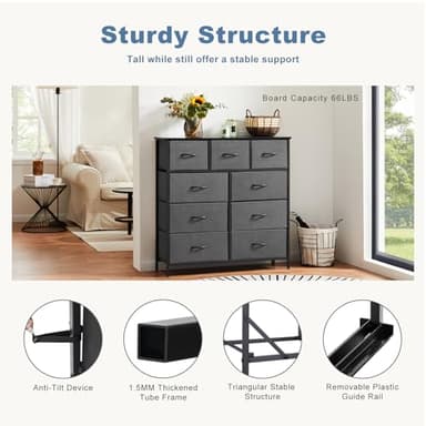 DUMOS Dresser for Bedroom, Dressers & Chests of Drawers Dresser Organizer, Wood Top Table Furniture with 9 Fabric Storage Tower Unit, Chest of Drawers for Closet, Living Room, Hallway, Porch - Image 7