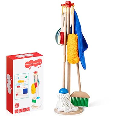 WOODMAM Wooden Kids Cleaning Set for Toddlers,8 Pieces Montessori Cleaning Toys with Kids Broom and Mop Set, Housework Pretend Play Toy Gift for Boys Girls Ages 3+ - Image 1