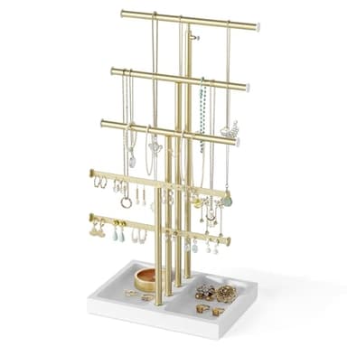 Love-KANKEI Jewelry Organizer Stand,5 Tier Large Necklace Holder with Wood Base,Jewelry holder stand Tree for Display,Bracelets Earrings Rings,Height Adjustable Gift White and Gold - Image 1