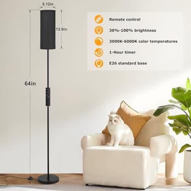 Ambimall 64'' Floor Lamps for Living Room with Remote Control and Stepless Dimmable Colors Temperature & Brightness, 9W Bulb Included(Black Lampshade & Black Pole) - Image 2